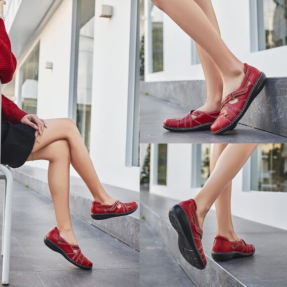 Brand New Women Red Leather Comfort Loafers Slip On Walking Flats Shoes - Picture 6 of 9